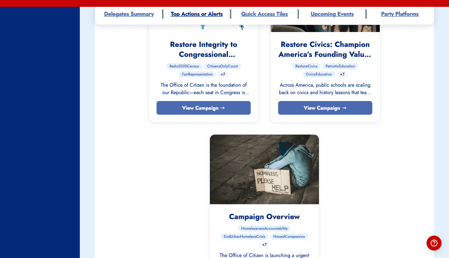 Latest advocacy campaigns section on the member dashboard