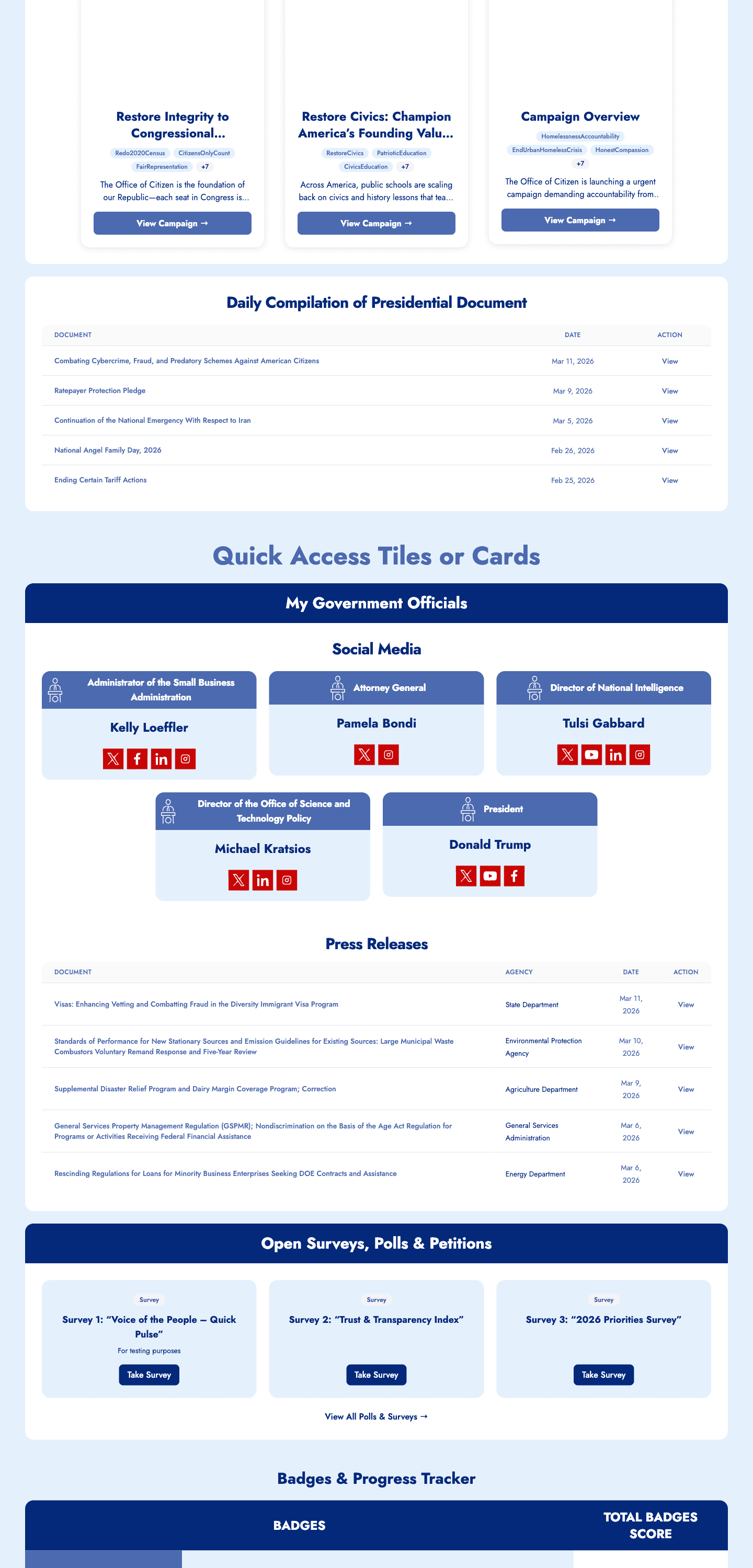 Quick access tiles for officials, surveys, badges, and elections