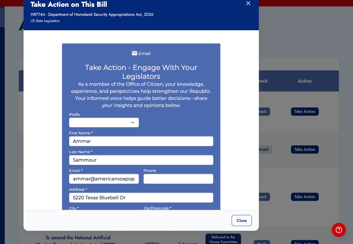 Take Action modal with pre-filled message to your representatives