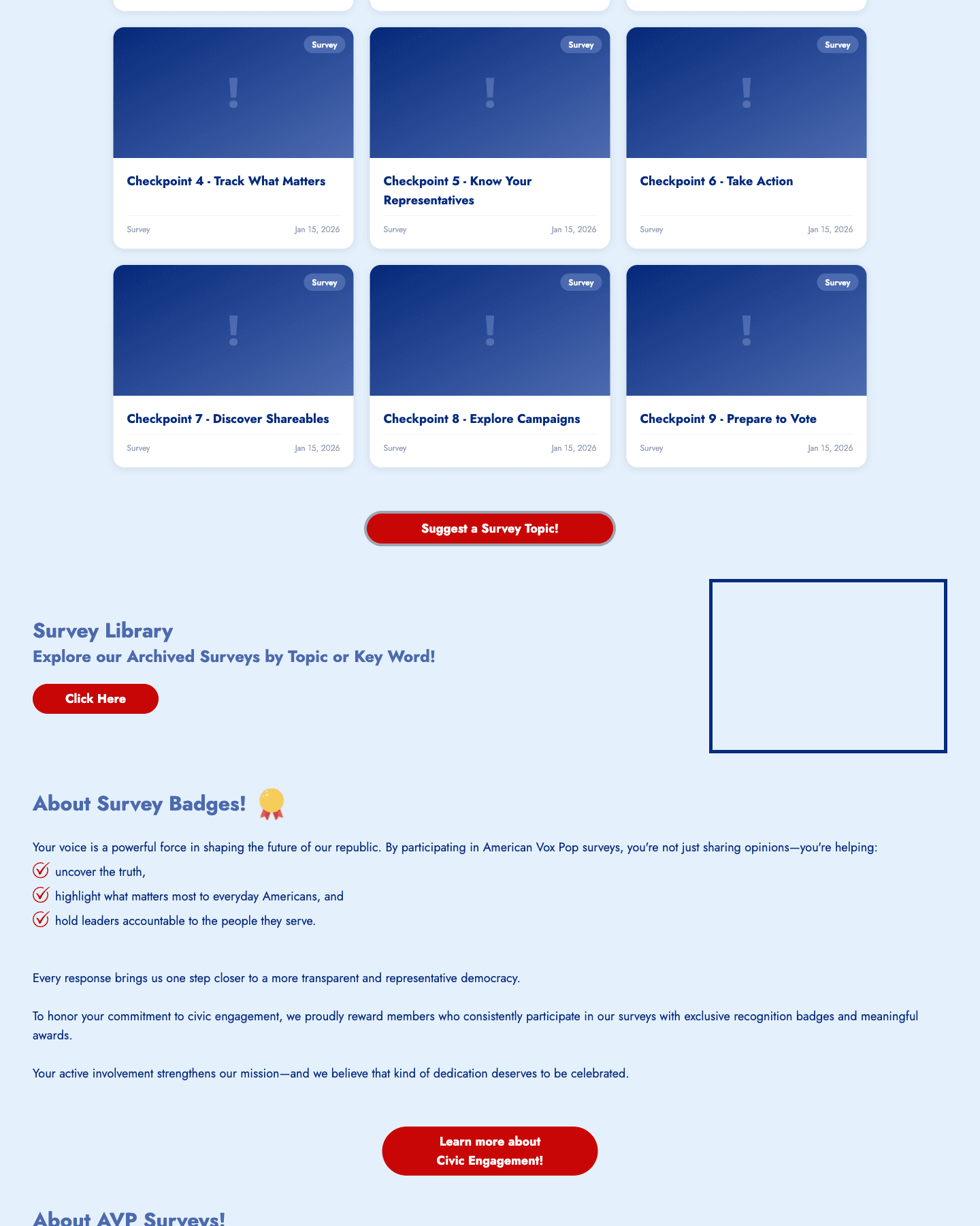 Survey library with searchable cards organized by topic and date